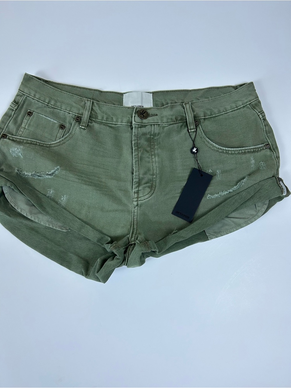 One Teaspoon Bandits Super Khaki Denim Shorts NWT Size 34 Distressed Cuffed